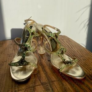 Sergio Rossi Gold and Green Embellished Heels